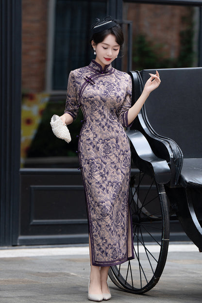 Purple Long Sleeves Peony Flower Qipao Dress