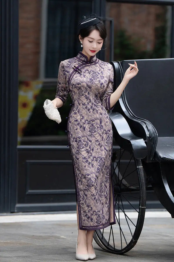 Purple Long Sleeves Peony Flower Qipao cheongsam Dress