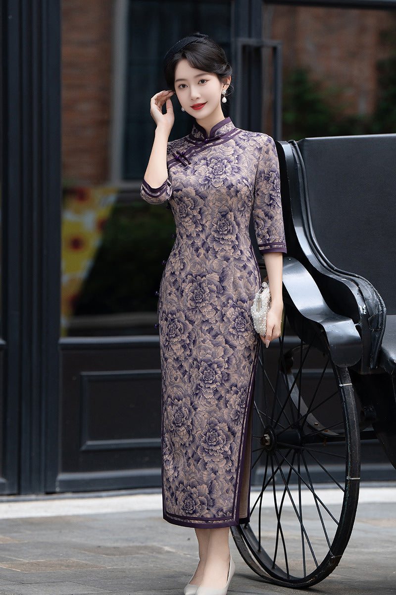 Purple Long Sleeves Peony Flower Qipao Dress