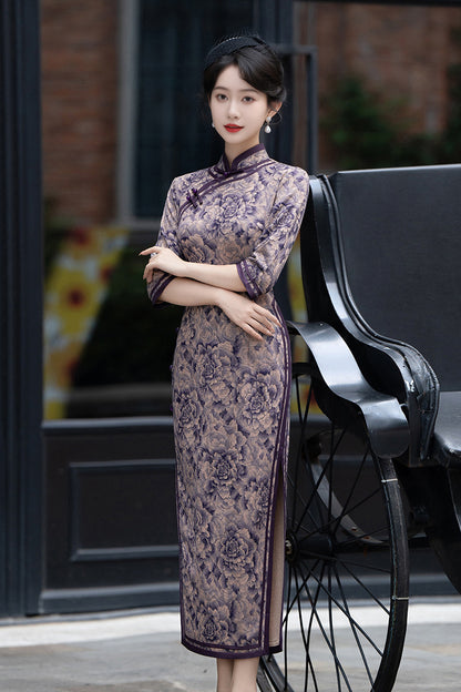 Purple Long Sleeves Peony Flower Qipao Dress