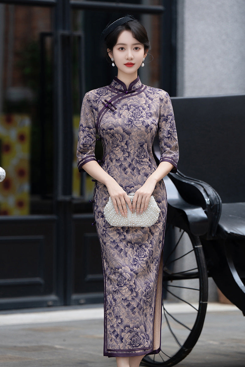 Purple Long Sleeves Peony Flower Qipao Dress