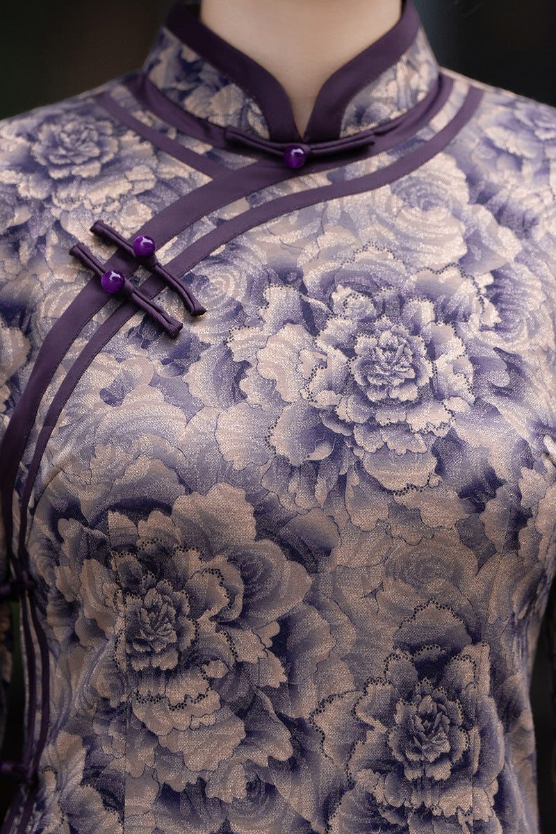 Purple Long Sleeves Peony Flower Qipao Dress