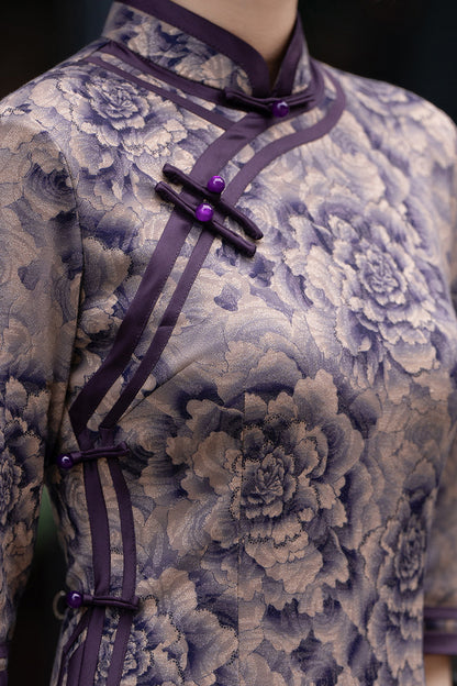 Purple Long Sleeves Peony Flower Qipao Dress