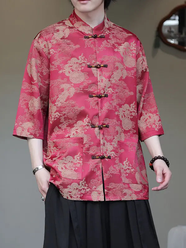 Person wearing a Red Modern Chinese Dragon Print Ice Silk Half Sleeve Tang Shirt  with black pants against a neutral background