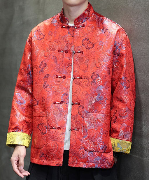 traditional Chinese Tang jacket made from a bright red brocade fabric, adorned with intricate floral patterns, perfect for groom for chinese wedding attire