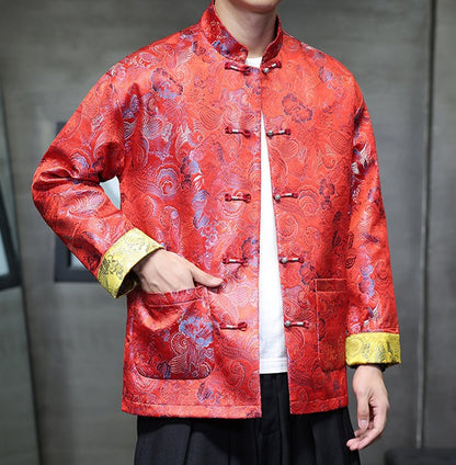 traditional Chinese Tang jacket made from a bright red brocade fabric, adorned with intricate floral patterns, perfect for groom for chinese wedding attire