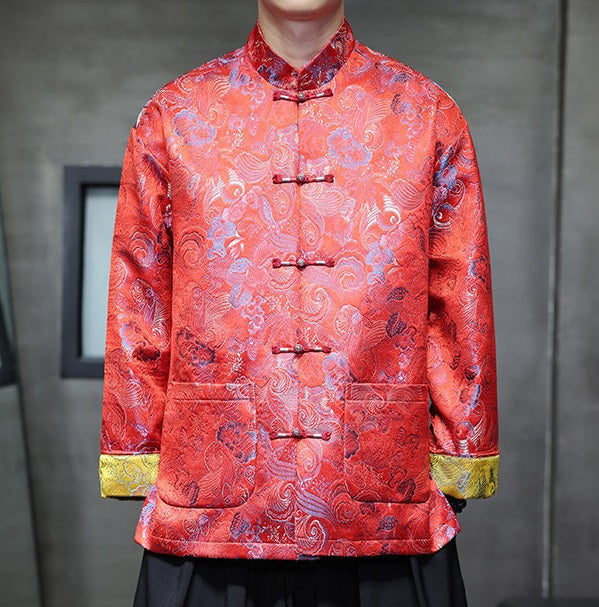 traditional Chinese Tang jacket made from a bright red brocade fabric, adorned with intricate floral patterns, perfect for groom for chinese wedding attire