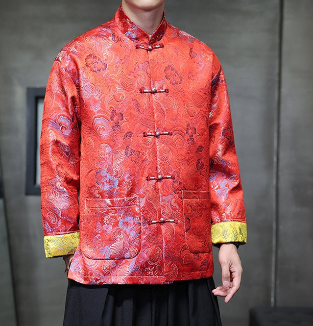 traditional Chinese Tang jacket made from a bright red brocade fabric, adorned with intricate floral patterns, perfect outfit for groom for traditional chinese wedding 