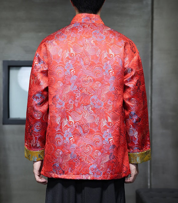 traditional Chinese Tang jacket made from a bright red brocade fabric, adorned with intricate floral patterns, perfect outfit for groom for traditional chinese wedding 