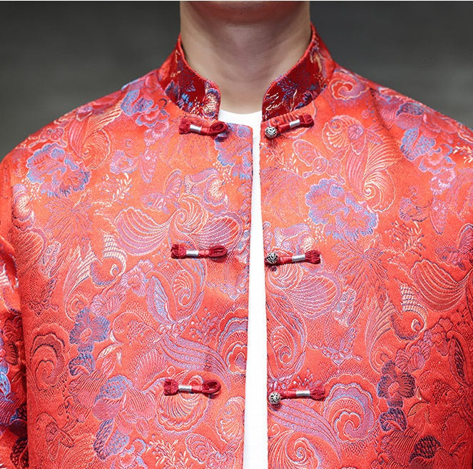 Veste rouge en brocart chinois Tang