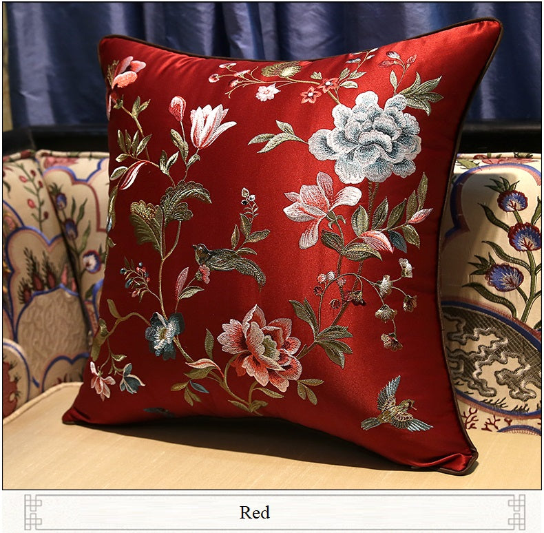 red Oriental Peony  & Birds  Embroidered  Satin Cushion Covers