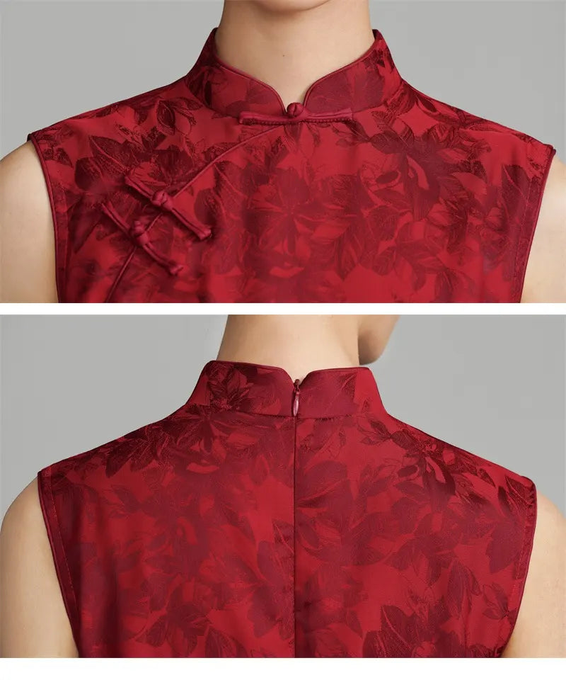 Red floral patterned top on a gray background