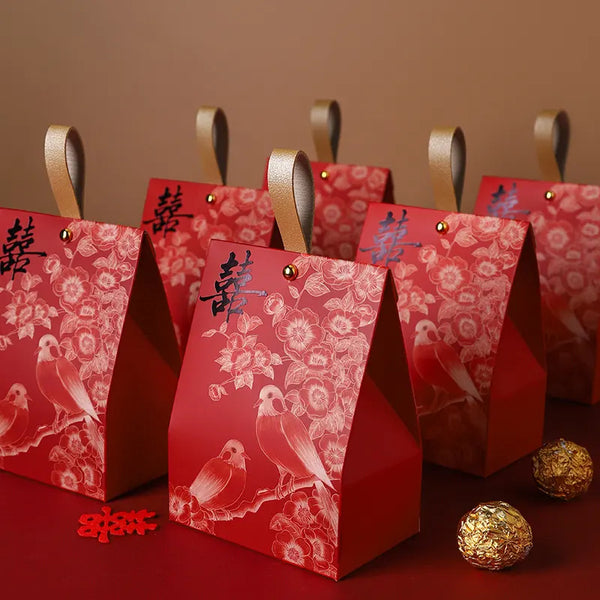 Red Red & Black Double Happiness Wedding Favor Box – Blossom & Bird  gift boxes with floral and bird patterns on a brown background