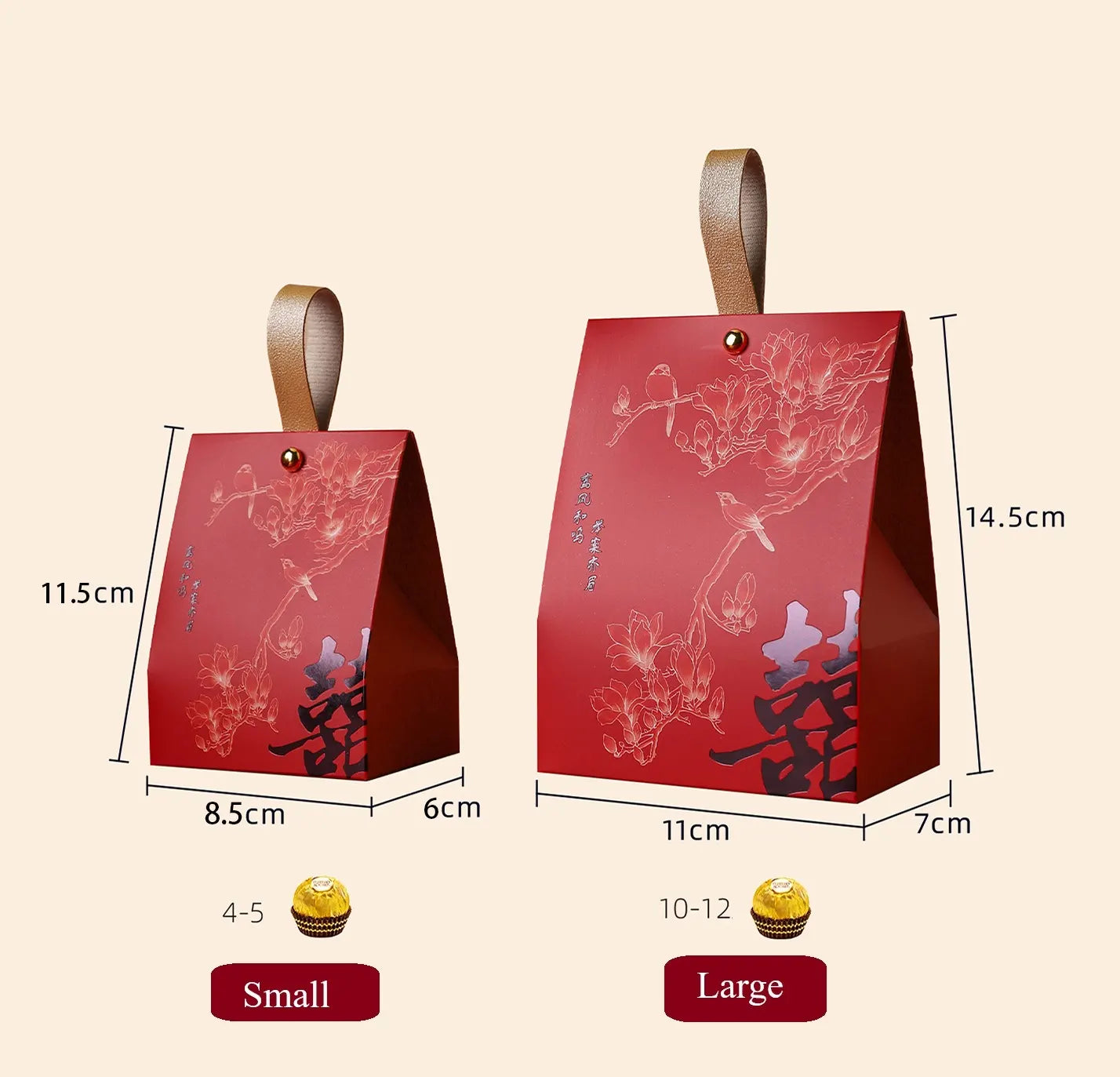 Red & Black Double Happiness Wedding Favor Box – Blossom & Bird  and measurements on a beige background