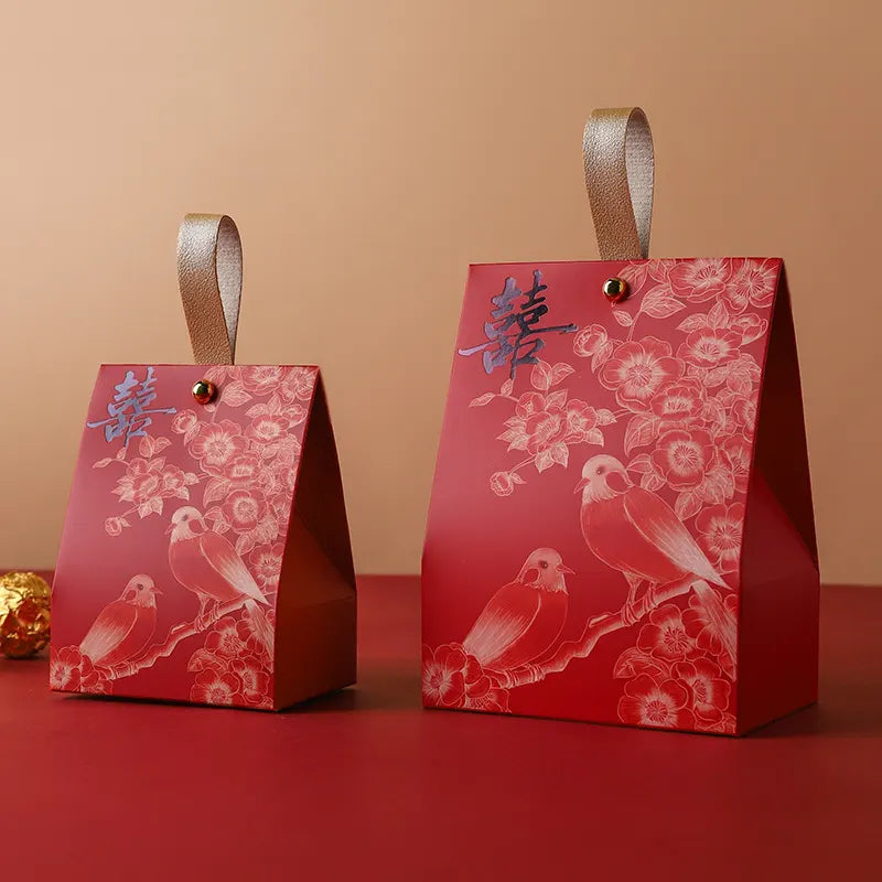 Two Red & Black Double Happiness Wedding Favor Box – Blossom & Bird designs on a beige background