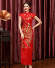 Red  Chinese wedding Qipao Cheongsam Dress with Peacock