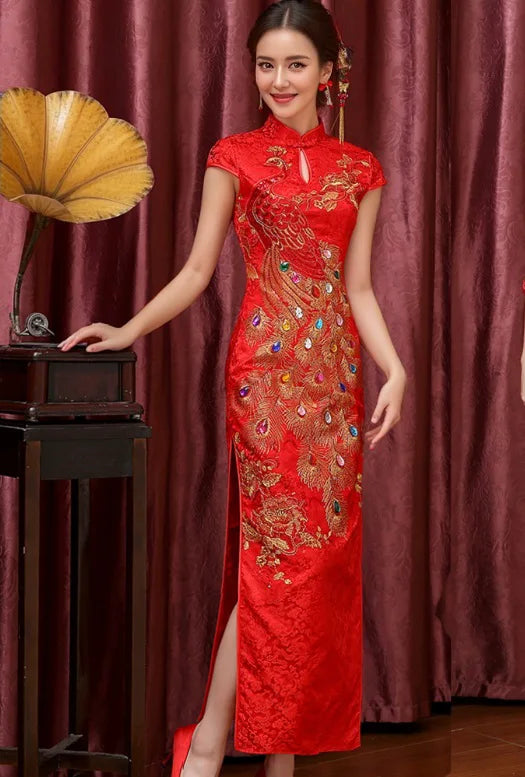 Red  Chinese Qipao Cheongsam Dress with Peacock