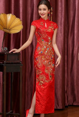 Red  Chinese Qipao Cheongsam Dress with Peacock