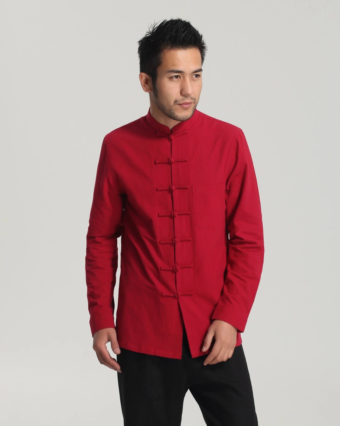 Red Chinese Tang Kongfu Cotton Shirt