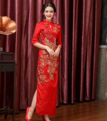 Red  Chinese wedding Qipao Cheongsam Dress with Peacock