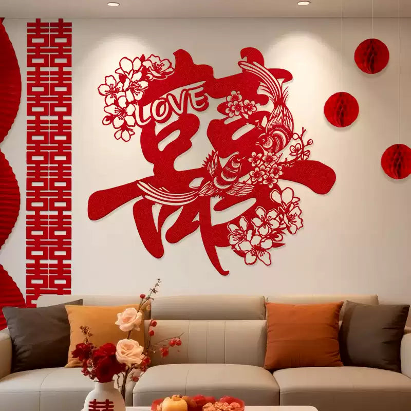 Decorative wall stickers with Chinese dboule happiness wall decor and floral designs in a living room.