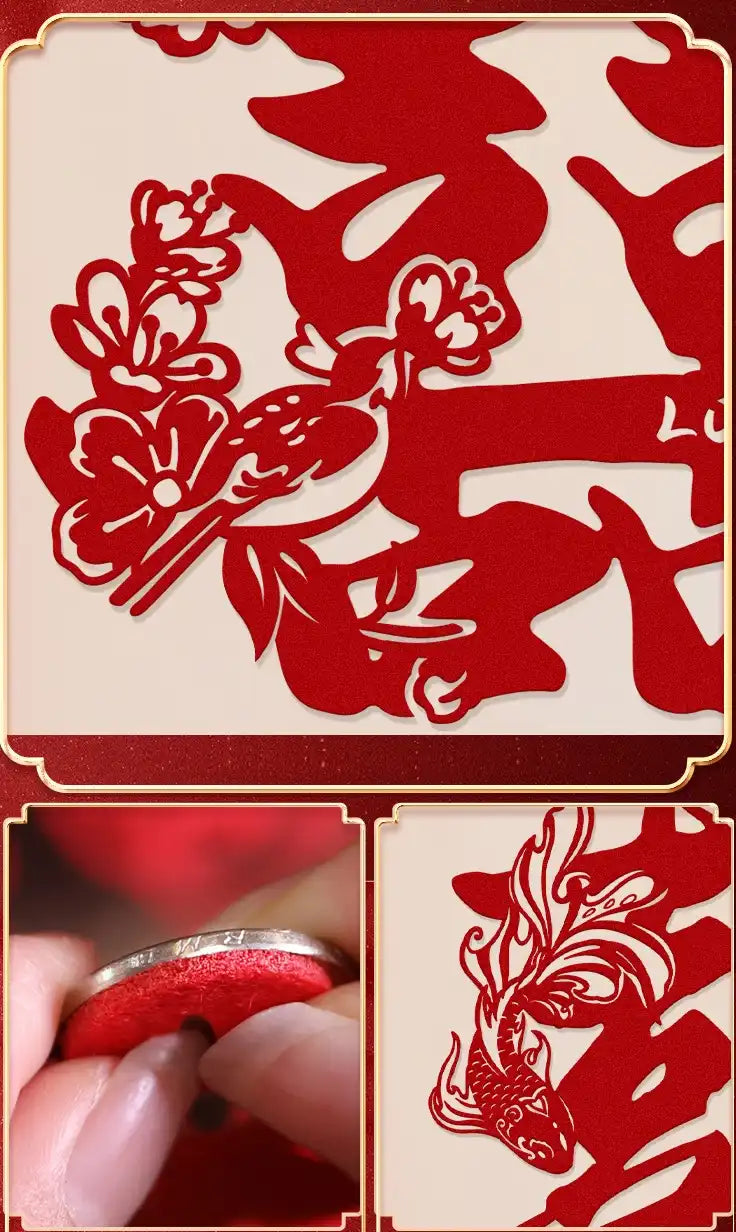 Red and gold paper-cut art with floral and butterfly design, held by a hand.