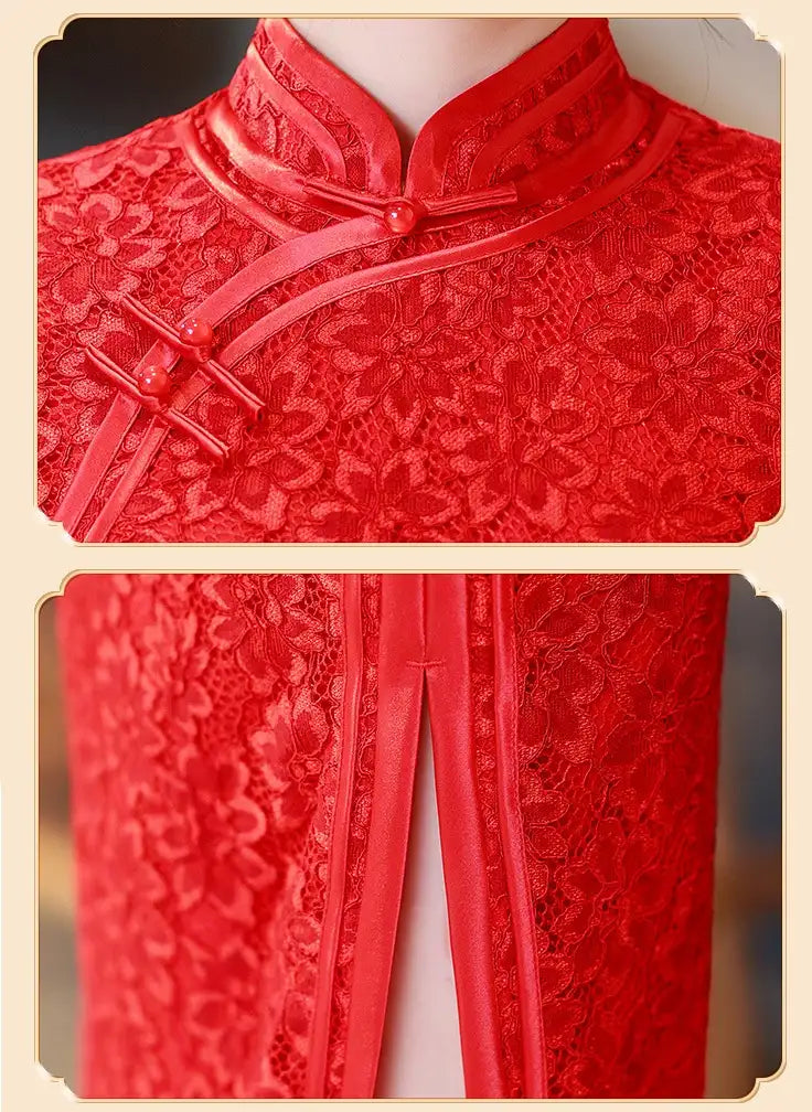 Red lace traditional outfit with intricate patterns on a beige background