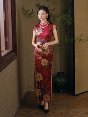 Luxury Red Floral Silk Qipao dress with peony flower