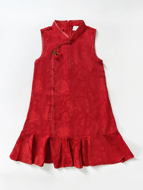 A Red Floral Summer Sleeveless Qipao Dress for Girls  dress with a subtle floral jacquard pattern, featuring a mandarin collar, front button closure, and a ruffled hem, displayed flat against a white background.