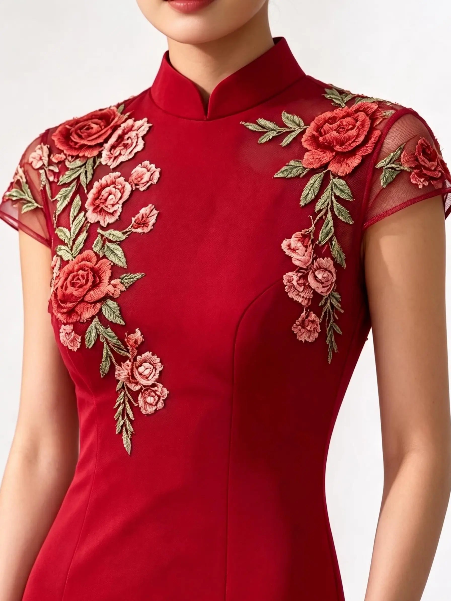 A close-up of a red cheongsam-style dress with floral embroidery on the chest and shoulders, worn by a model against a light gray studio background.