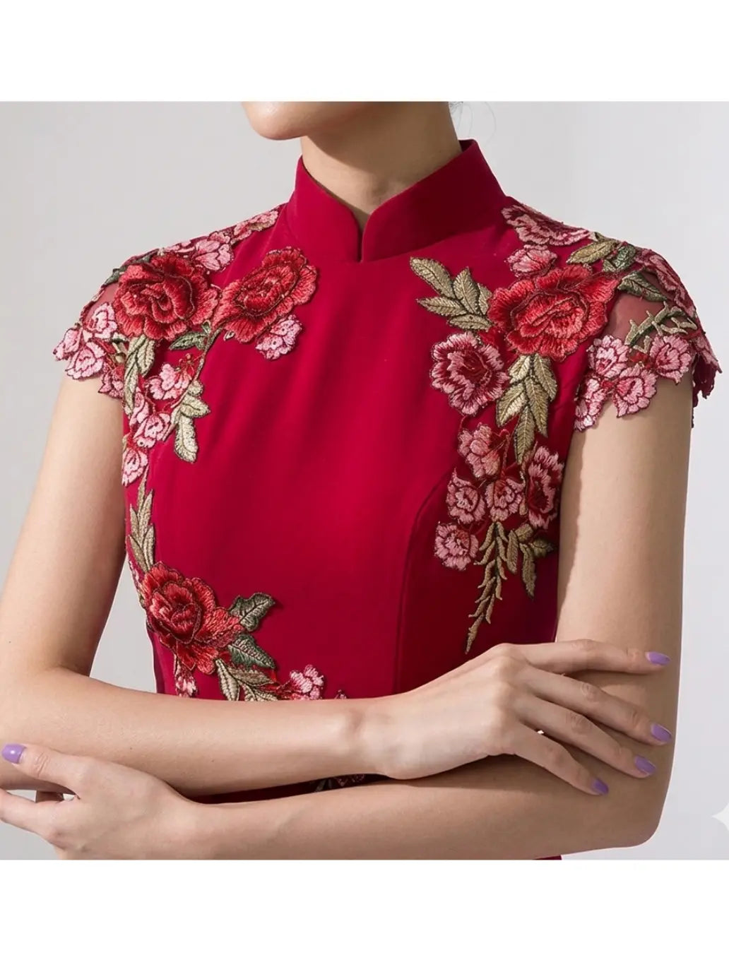 Red Floral Thigh-High Slit Floor Length Mermaid Qipao Dress   with floral embroidery on a plain background