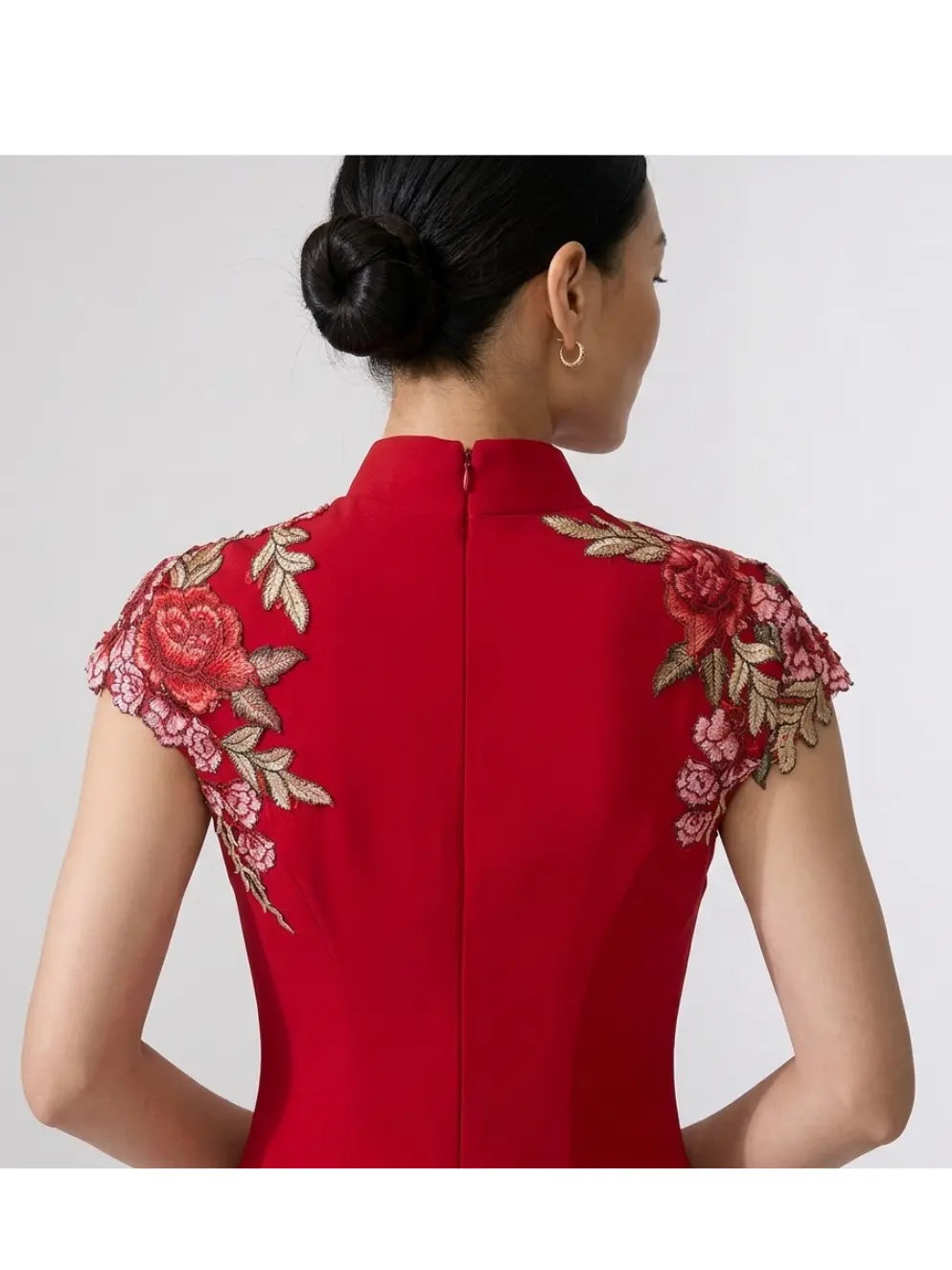 Red Floral Thigh-High Slit Floor Length Mermaid Qipao Dress  with floral embroidery on a plain background