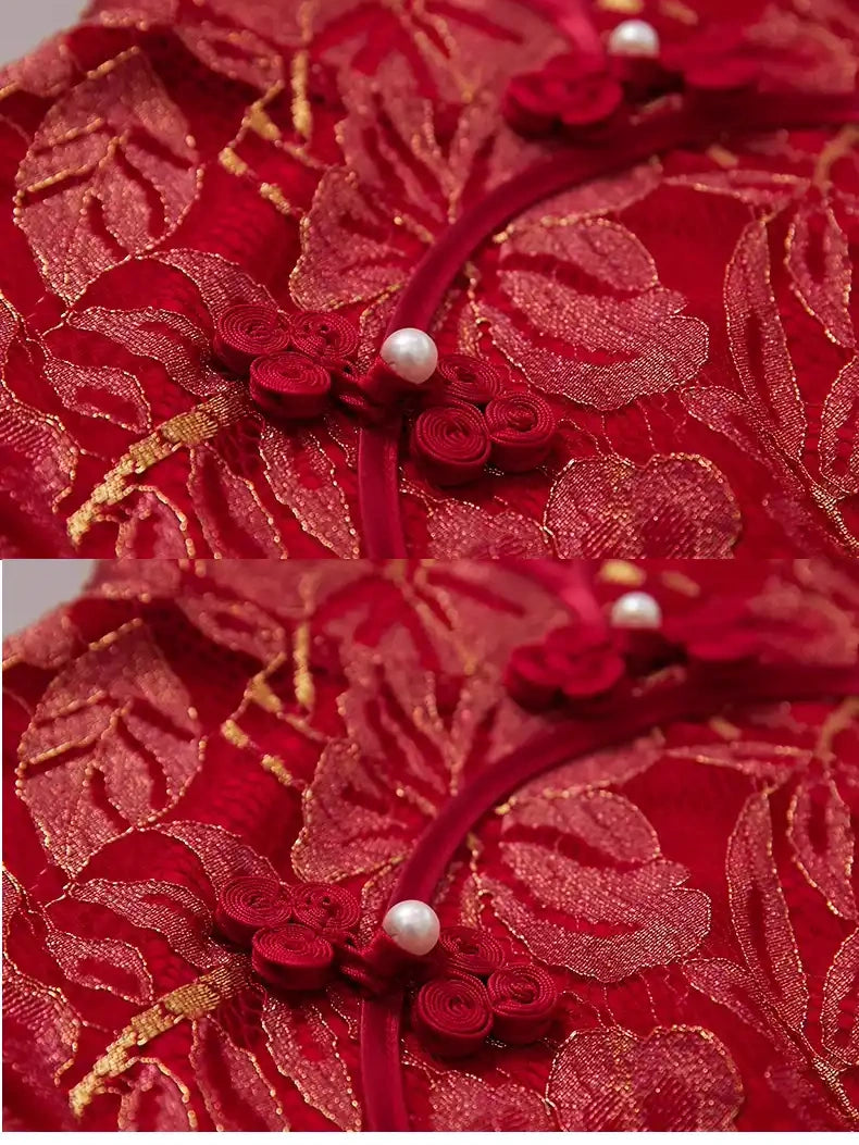 Red & Gold Lace Bridal Qipao Dress