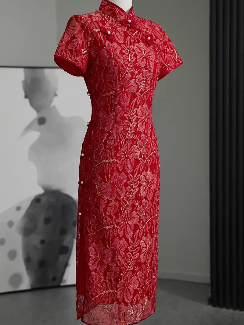 Red & Gold Lace Bridal Qipao Dress 