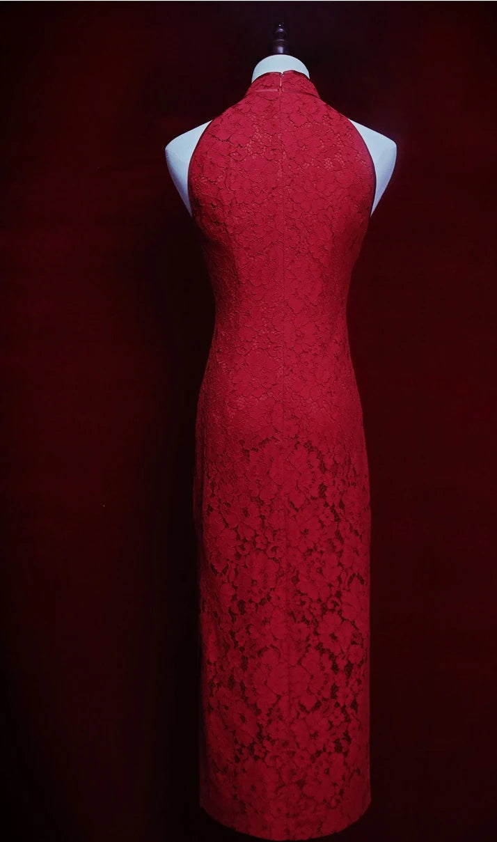 Red Halter Lace wedding Cheongsam Qipao Dress for chinese wedding tea ceremony
