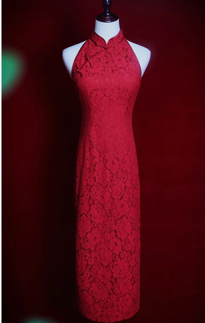 Red Halter Lace wedding Cheongsam Qipao Dress for chinese wedding tea ceremony