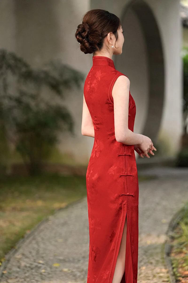 Woman in a Red Jacquard Sleeveless Modern Qi pao Dress  standing outdoors with a blurred background