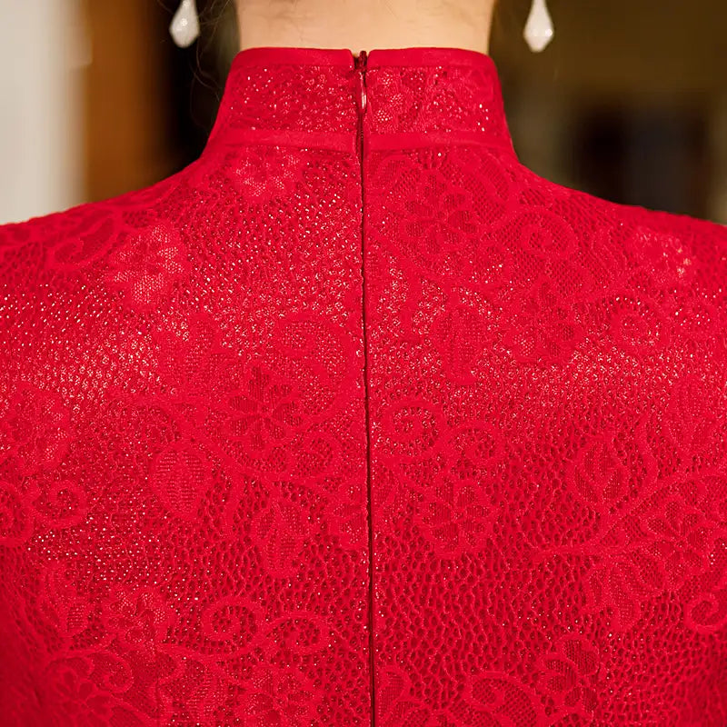 Red Lace Midi Length Short Sleeves Qipao Dress-Modern Chinese Cheongsam Dress Oriental Me Red Lace Midi Length Short Sleeves Qipao Dress-Modern Chinese Cheongsam Dress Oriental Me