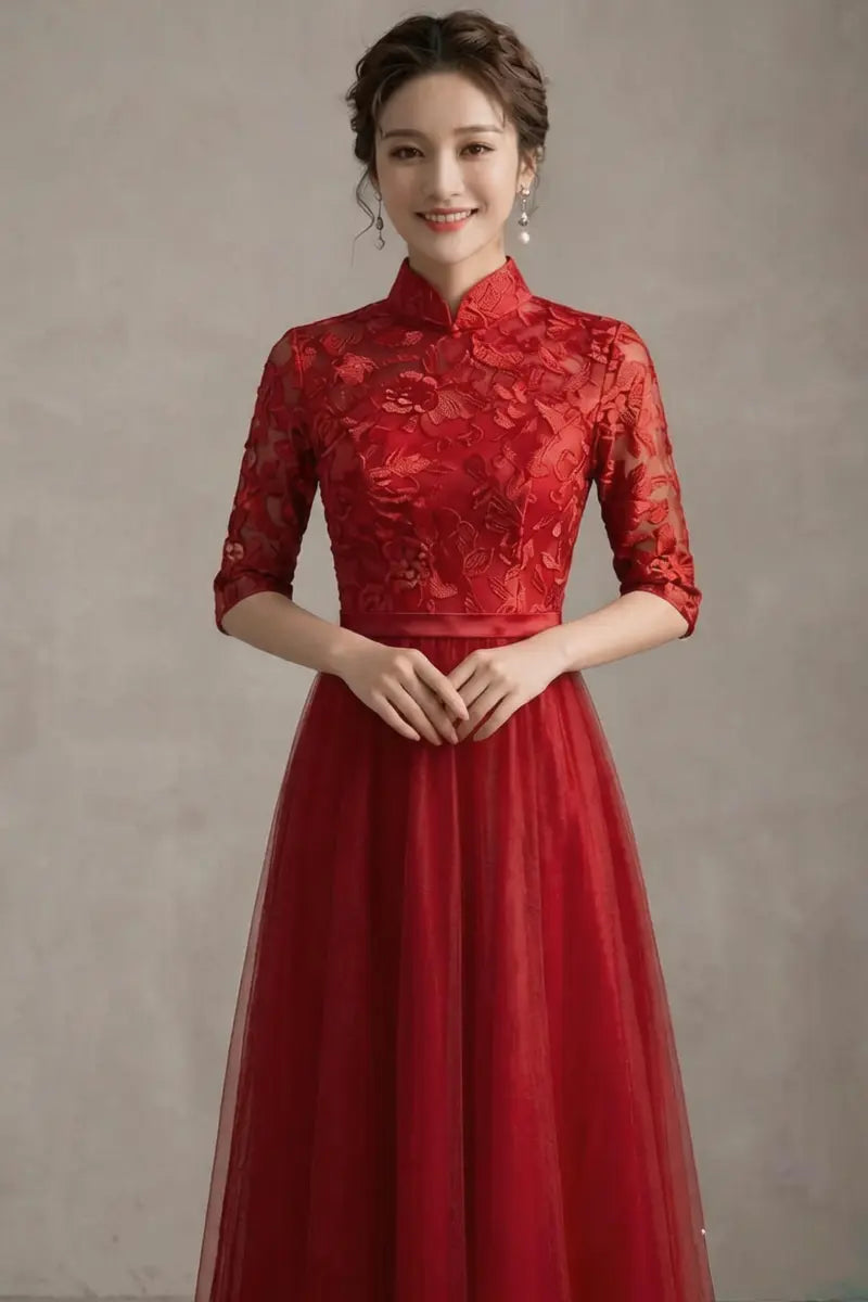 Woman wearing a Red Lace Tulle Cheongsam/Qipao Dress  against a neutral background