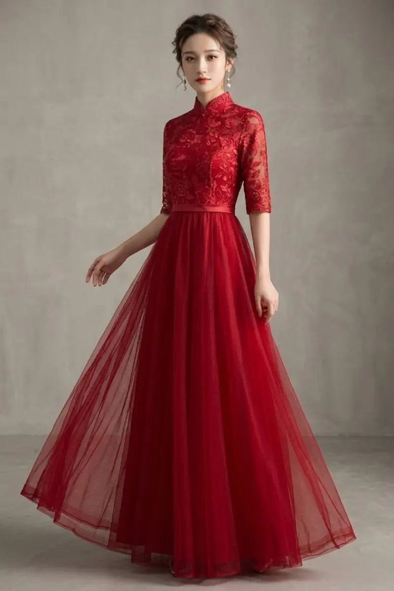 Red Lace Tulle Cheongsam/Qipao Dress   worn by a model against a neutral background