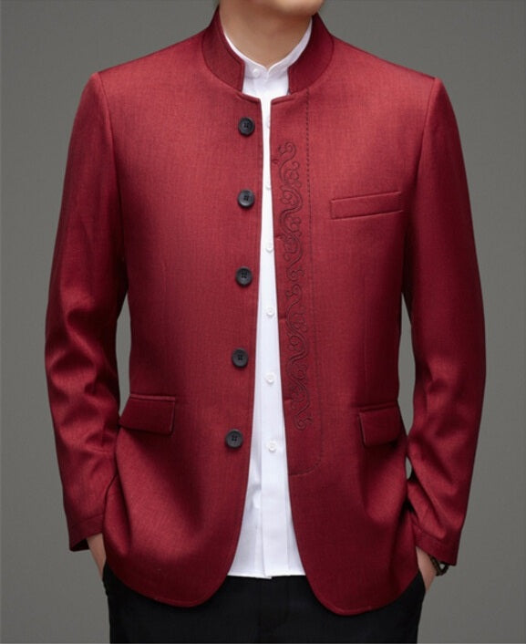 Red Mandarin Collar Men's Chinese Suit – Traditional Zhongshan Tang Jacket