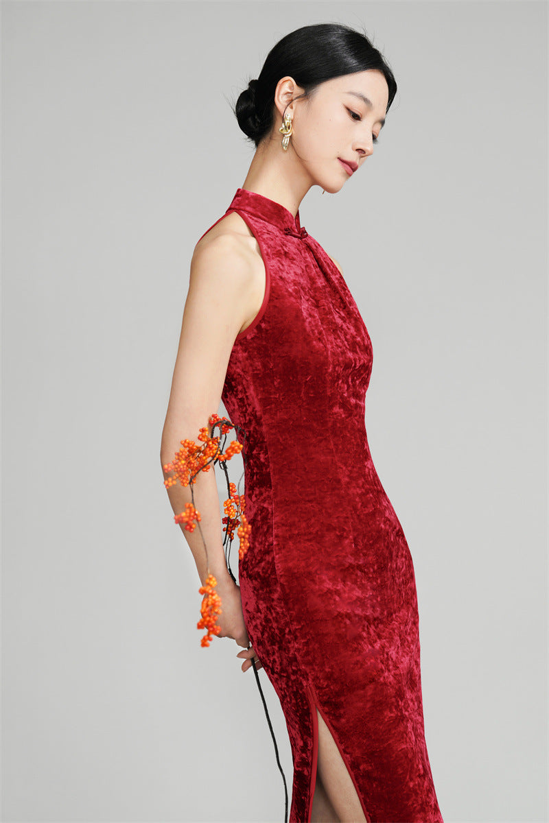 Red Modern Halter Neck Velvet Qipao Cheongsam Dress