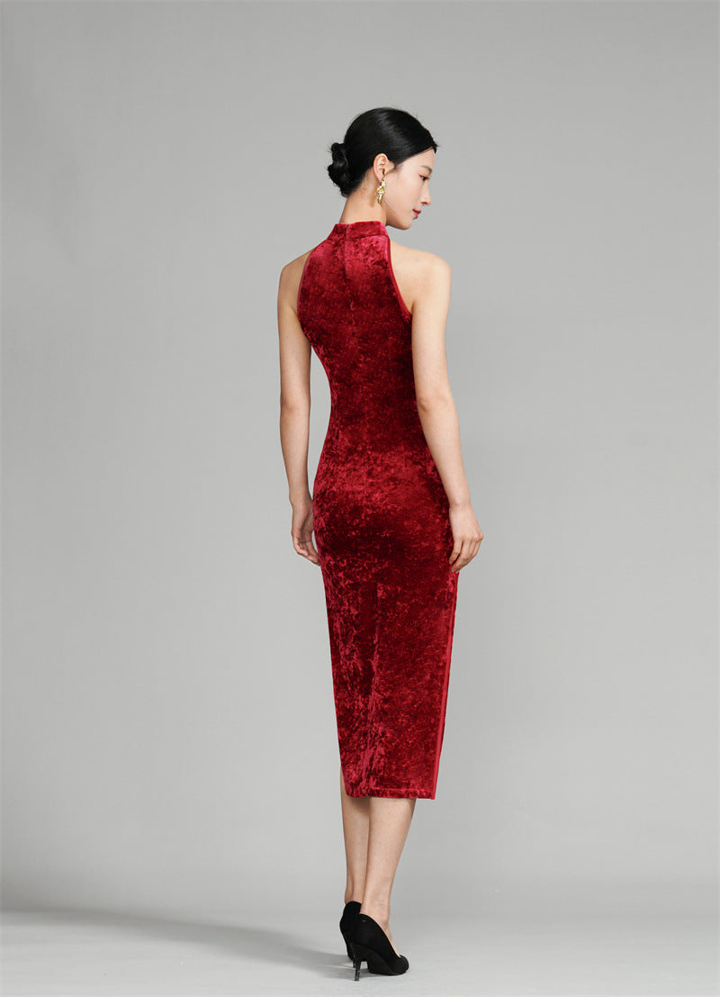 Red Modern Halter Neck Velvet Qipao Cheongsam Dress