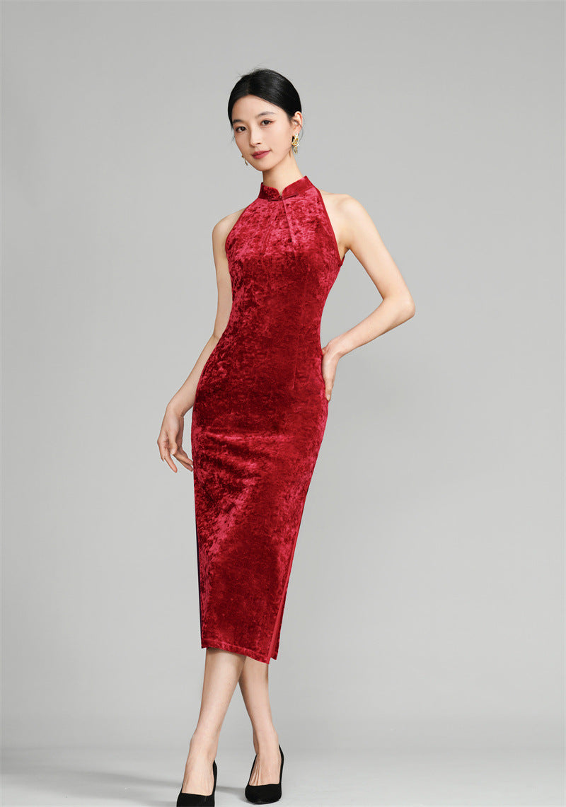 Red Modern Halter Neck Velvet Qipao Cheongsam Dress
