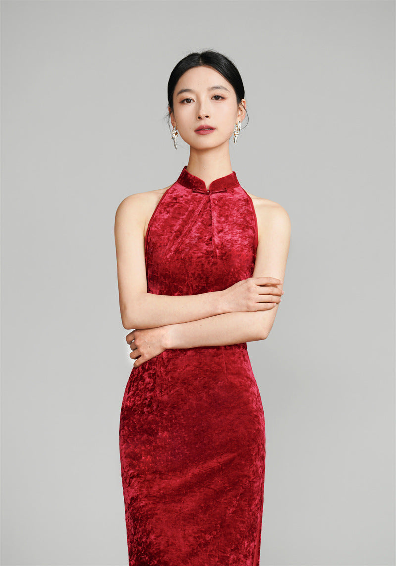 Red Modern Halter Neck Velvet Qipao Cheongsam Dress