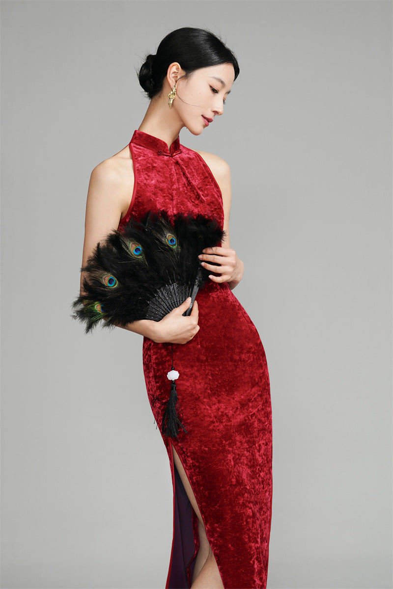 Red Modern Halter Neck Velvet Qipao Cheongsam Dress