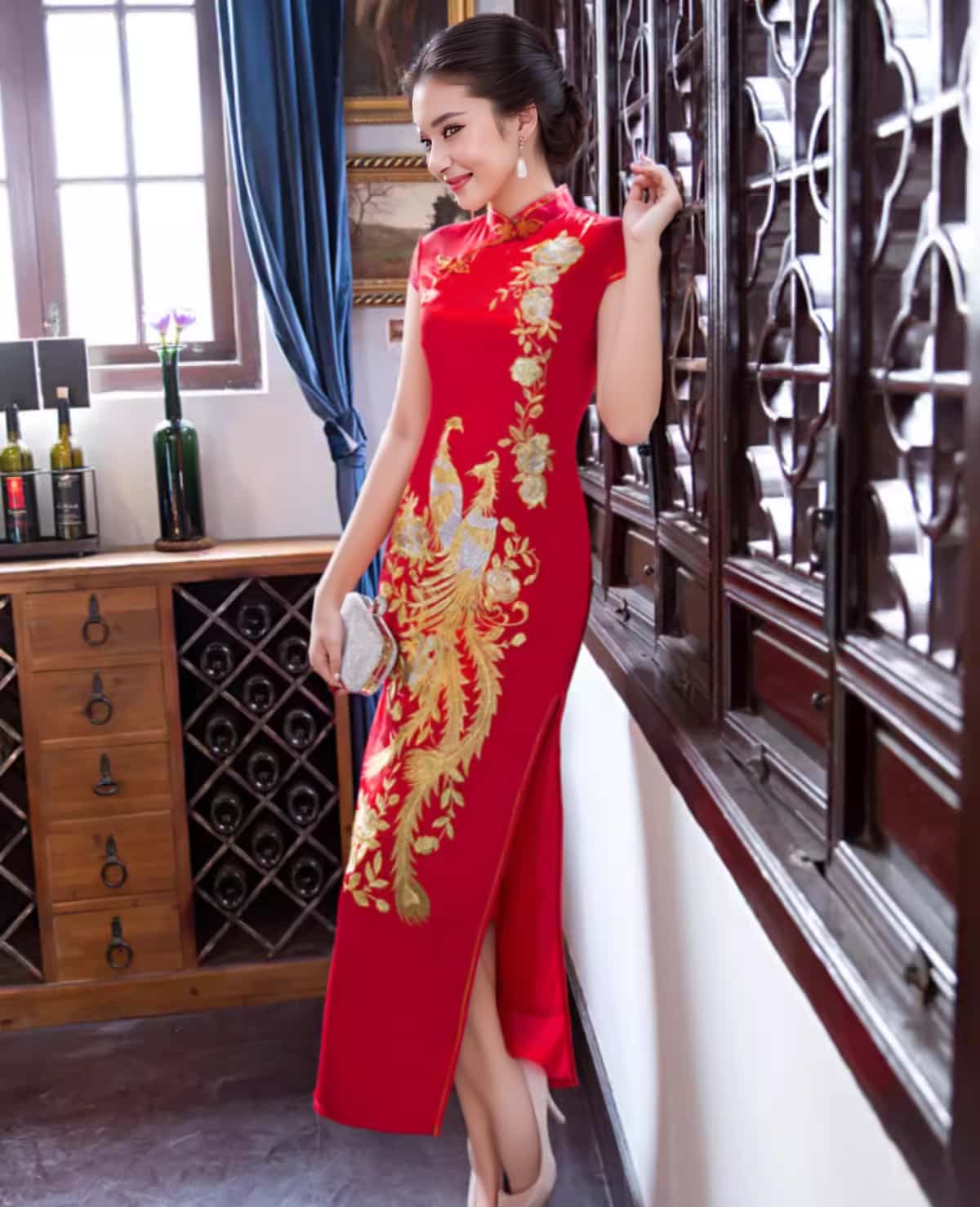 red and gold cheongsam dress Red Sequin Qipao with Gold Flowers