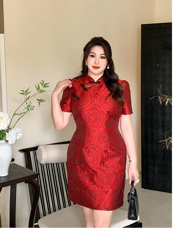 Woman wearing Red Plus Size Modern Rose Jacquard Qipao  floral patterns in an indoor setting.