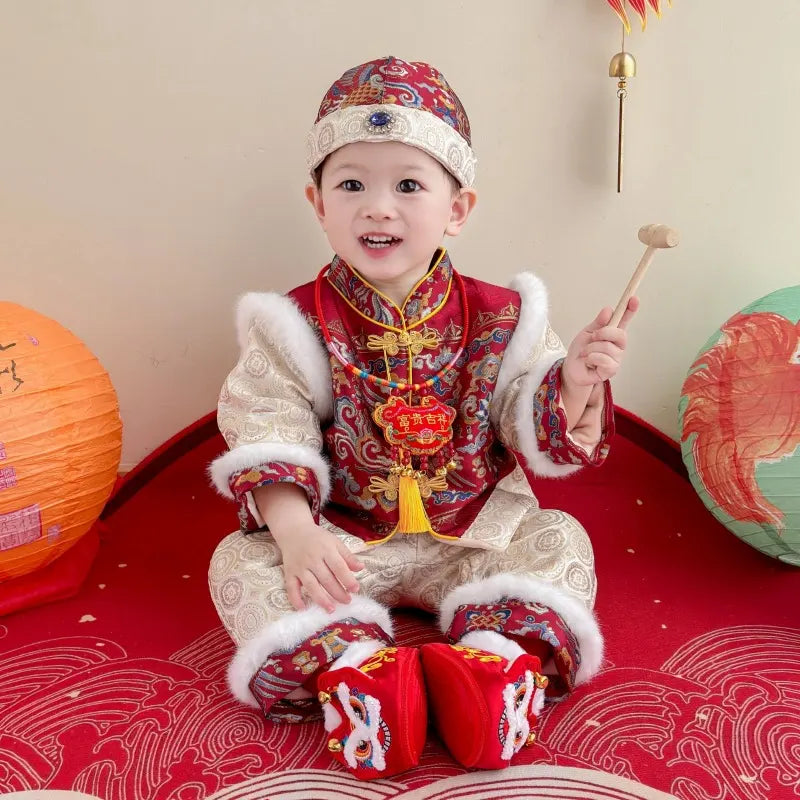 Child in traditional Chinese outfit with lanterns and decorative elements