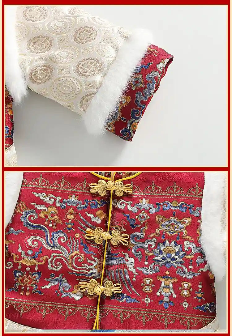 Traditional Red Quilted Chinese Baby Winter Tang Suit Set  with intricate patterns and white fur on a white background